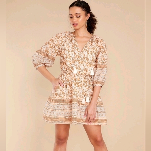 Cleobella Dresses & Skirts - CLEOBELLA Revolve Rosy Mini Dress in Tamil Block Print Tan Boho Organic Cotton M